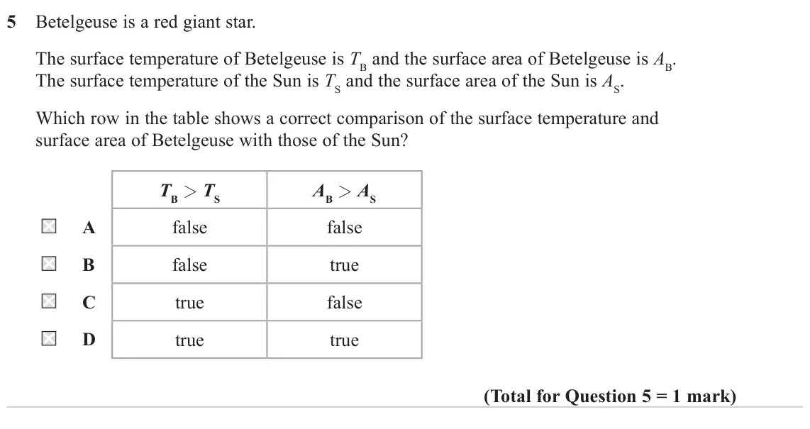 June 2022 Paper 2, question 5: Betelgeuse is a red giant star. The surface temperature of Betelgeuse is TB and the surface area of Betelgeuse is AB. The surface temperature of the Sun is TS a