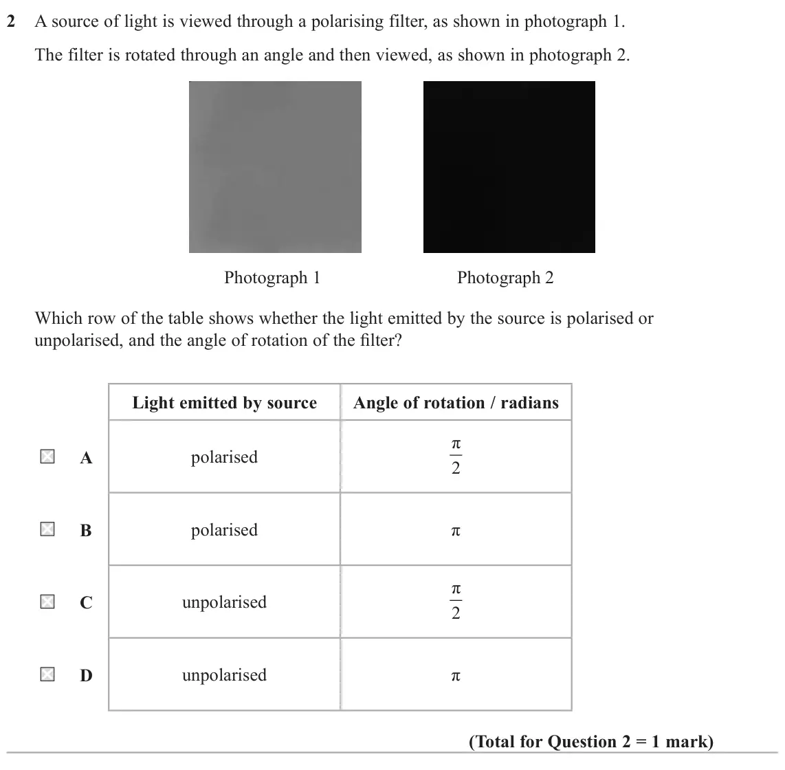 June 2023 Paper 2, question 2: A source of light is viewed through a polarising filter, as shown in photograph 1. The filter is rotated through an angle and then viewed, as shown in photograp