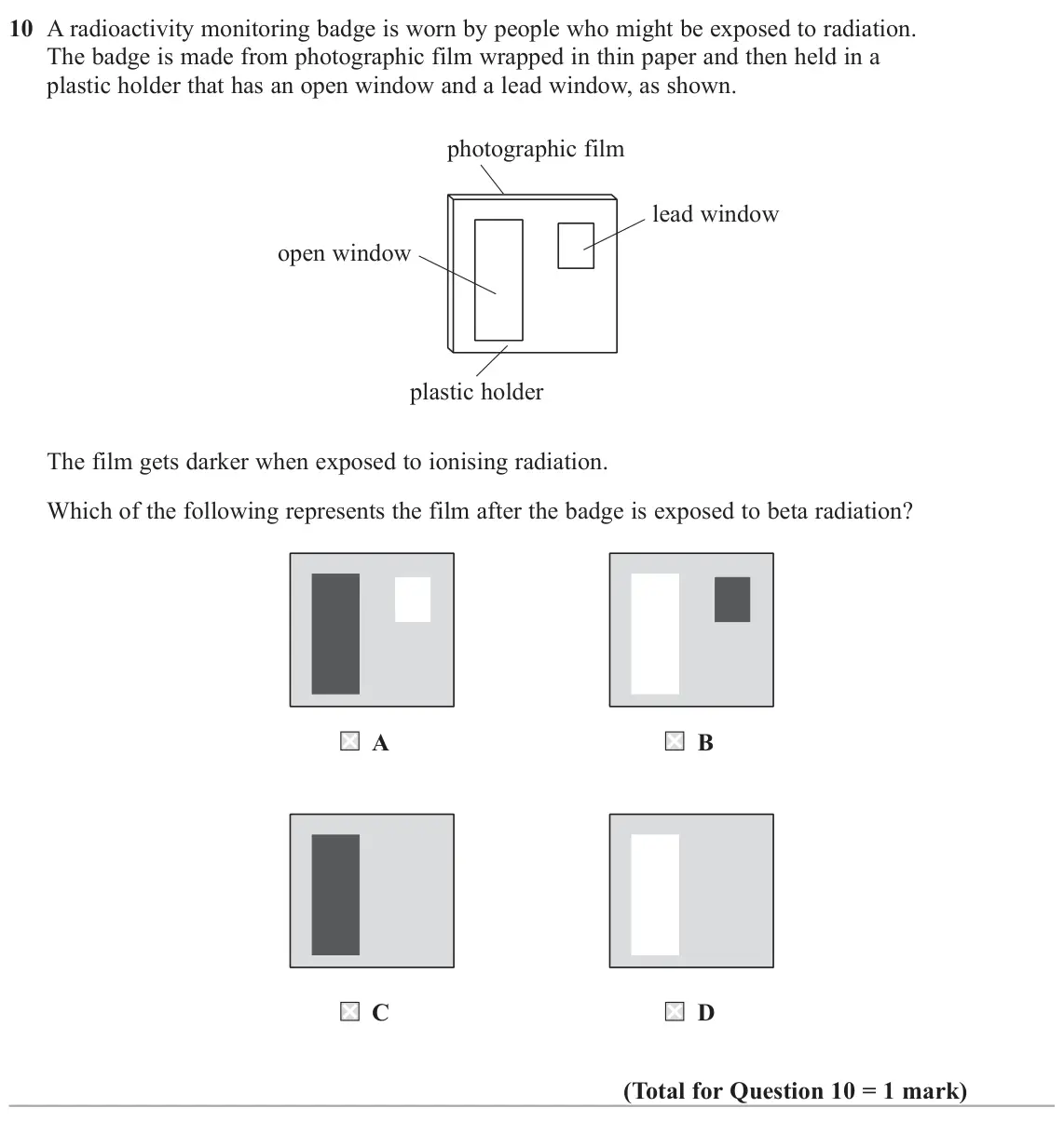 June 2023 Paper 2, question 10: A radioactivity monitoring badge is worn by people who might be exposed to radiation. The badge is made from photographic film wrapped in thin paper and then he