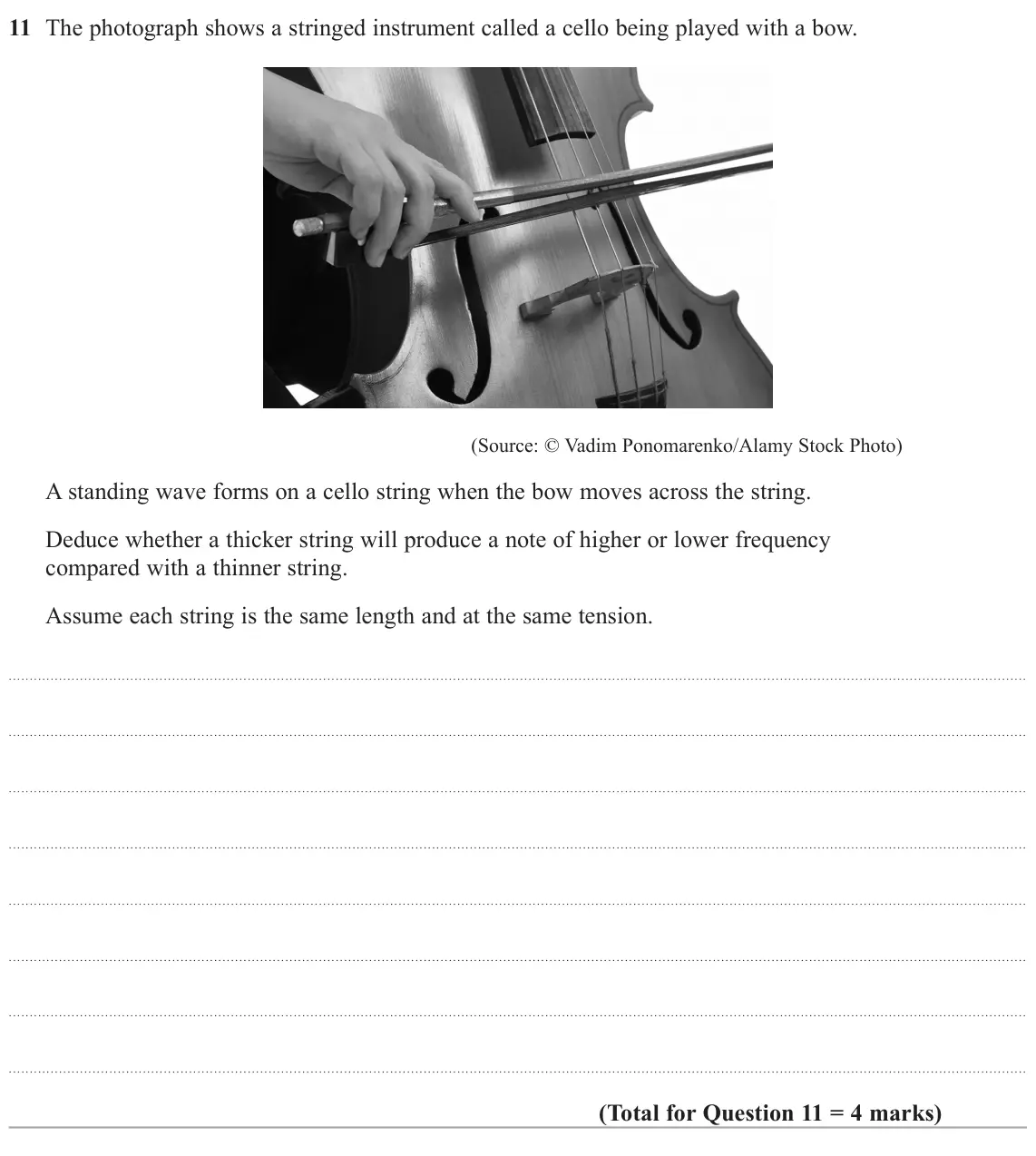 June 2023 Paper 2, question 11: The photograph shows a stringed instrument called a cello being played with a bow. (Source: © Vadim Ponomarenko/Alamy Stock Photo) A standing wave forms on a ce