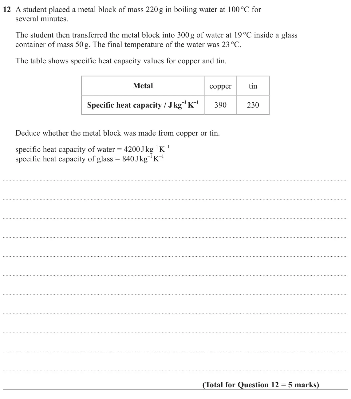 June 2023 Paper 2, question 12: A student placed a metal block of mass 220 g in boiling water at 100 °C for several minutes. The student then transferred the metal block into 300 g of water at