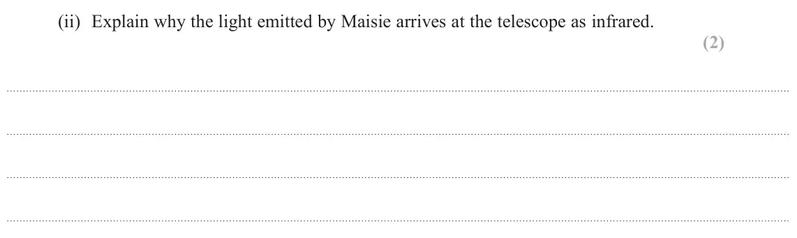 June 2023 Paper 2, question 15(b)(ii): Explain why the light emitted by Maisie arrives at the telescope as infrared. (2)