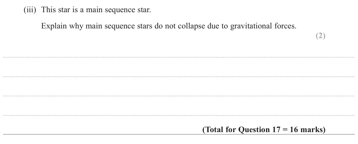 June 2023 Paper 2, question 17(b)(iii): This star is a main sequence star. Explain why main sequence stars do not collapse due to gravitational forces. (2)