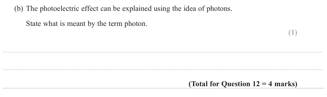 June 2024 Paper 2, question 12(b): The photoelectric effect can be explained using the idea of photons. State what is meant by the term photon. (1)