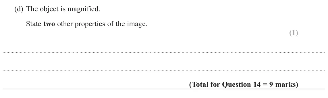 June 2024 Paper 2, question 14(d): The object is magnified. State two other properties of the image. (1)