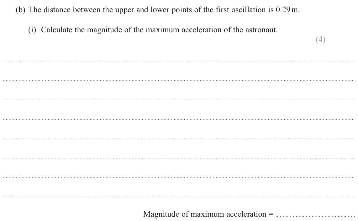 June 2024 Paper 2, question 16(b)(i): Calculate the magnitude of the maximum acceleration of the astronaut. (4) Magnitude of maximum acceleration =