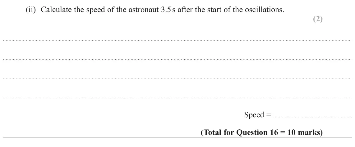 June 2024 Paper 2, question 16(b)(ii): Calculate the speed of the astronaut 3.5 s after the start of the oscillations. (2) Speed =