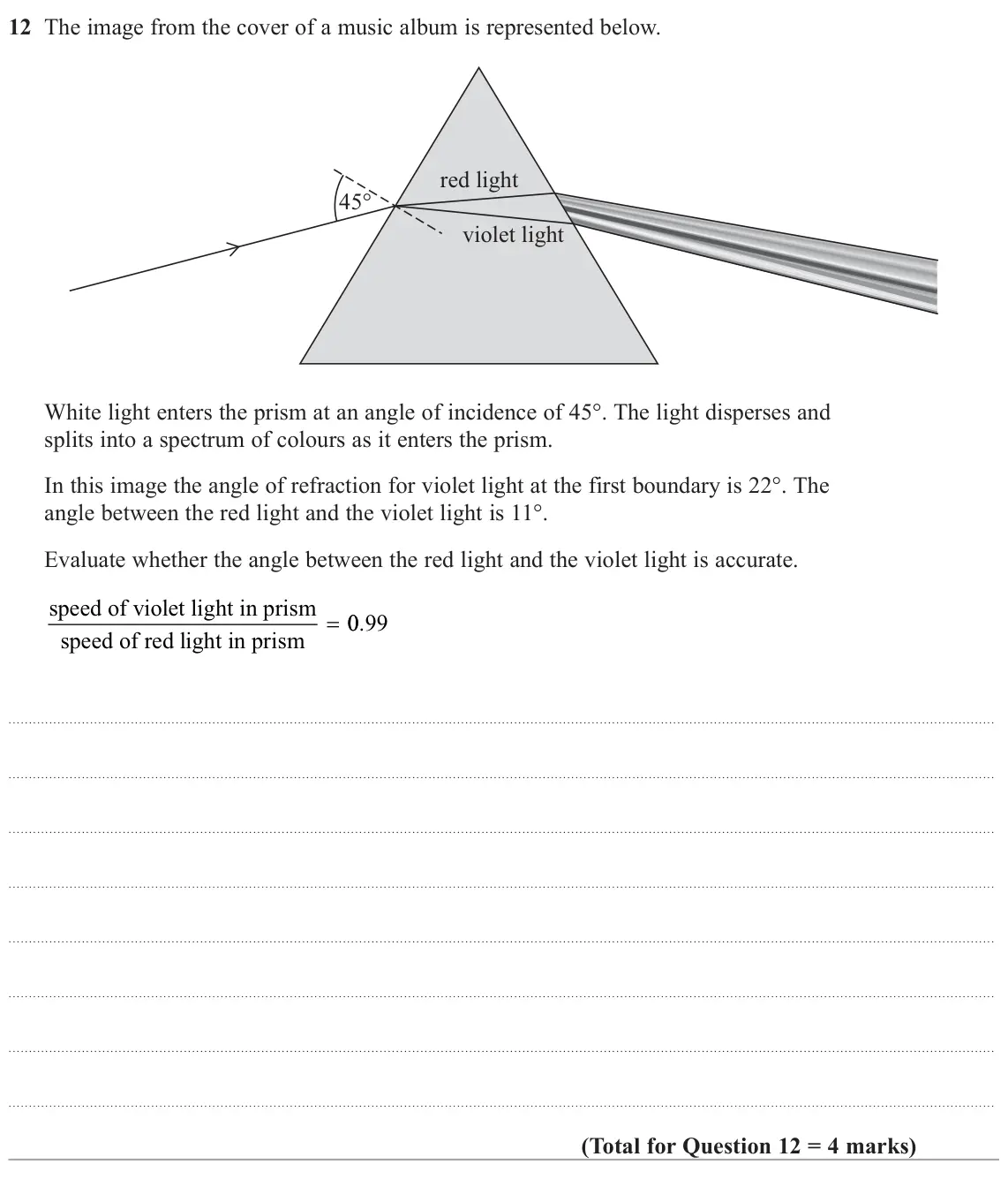 June 2025 Paper 2, question 12: The image from the cover of a music album is represented below. red light 45 violet light White light enters the prism at an angle of incidence of 45°. The ligh