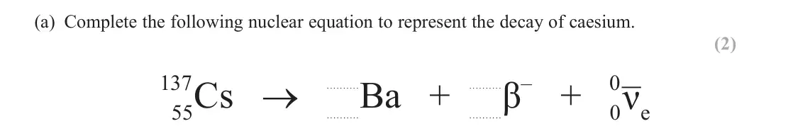 June 2025 Paper 2, question 18(a): Complete the following nuclear equation to represent the decay of caesium. (2) 0ν– 137 – + 0 55Cs → .....Ba + .....β ..... ..... ..... ..... e ..... .....