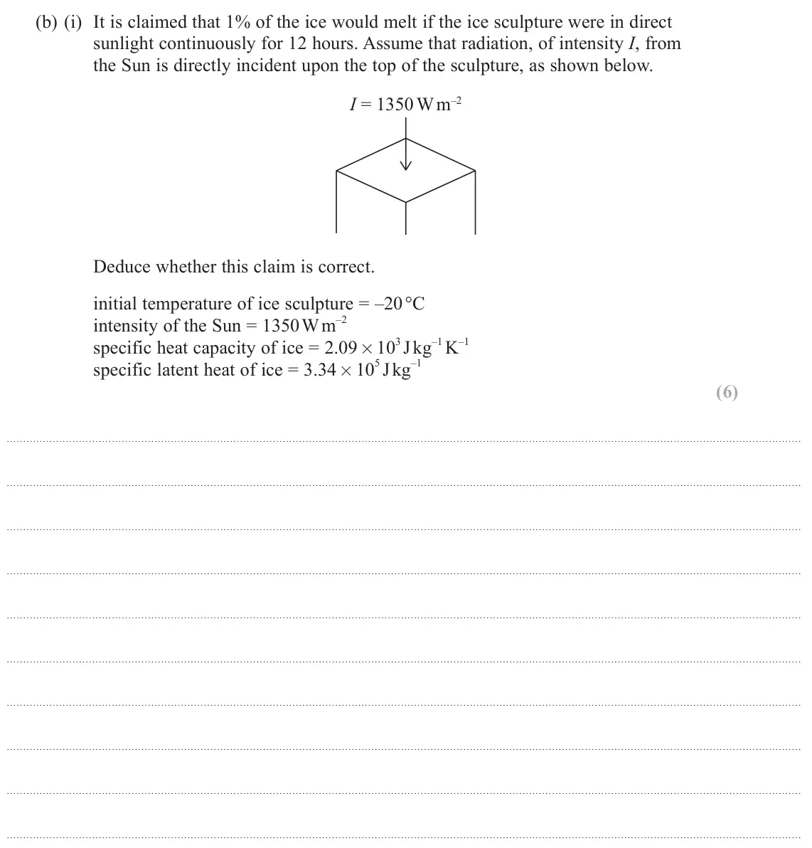 June 2025 Paper 2, question 19(b)(i): It is claimed that 1% of the ice would melt if the ice sculpture were in direct sunlight continuously for 12 hours. Assume that radiation, of intensity I, from