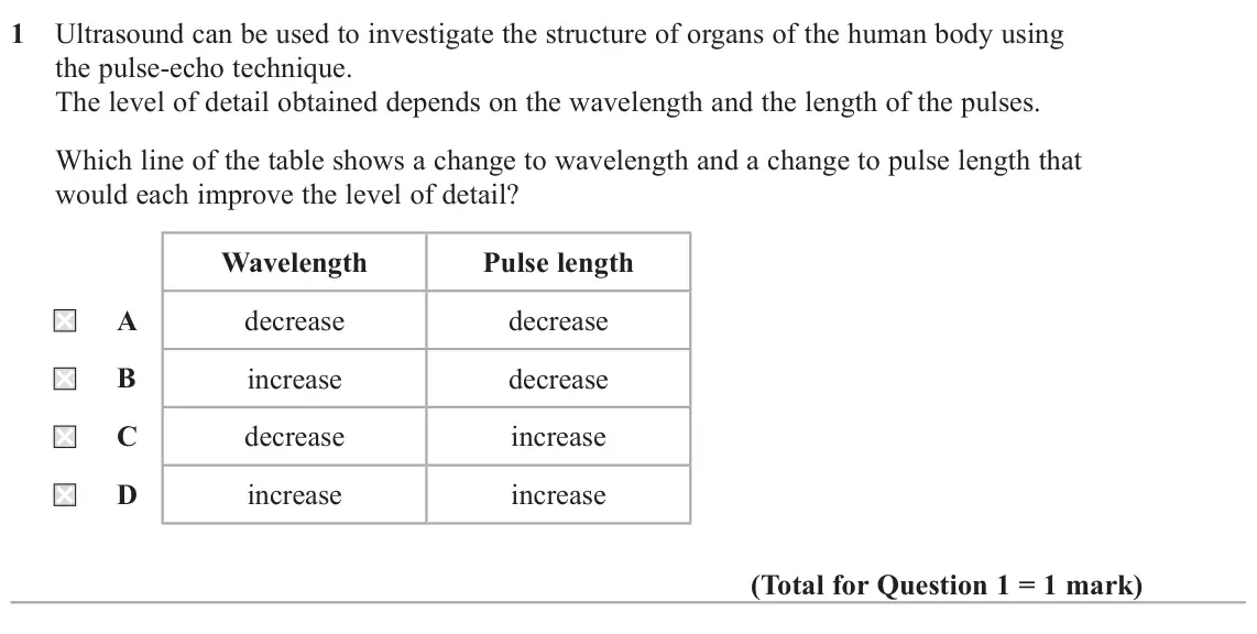 November 2021 Paper 2, question 1: Ultrasound can be used to investigate the structure of organs of the human body using the pulse-echo technique. The level of detail obtained depends on the wave