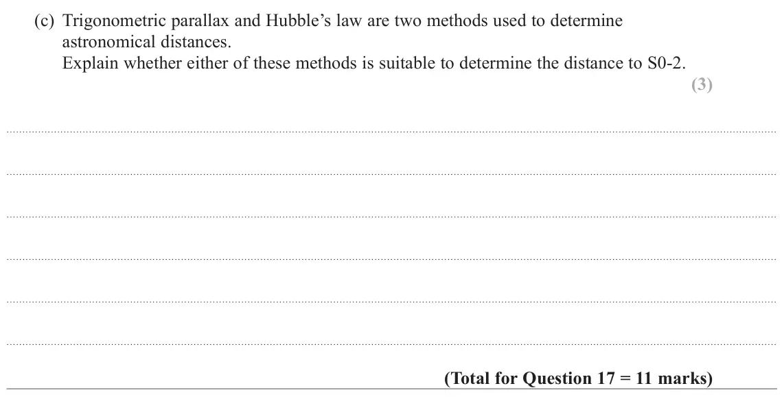 November 2021 Paper 2, question 17(c): Trigonometric parallax and Hubble’s law are two methods used to determine astronomical distances. Explain whether either of these methods is suitable to determi