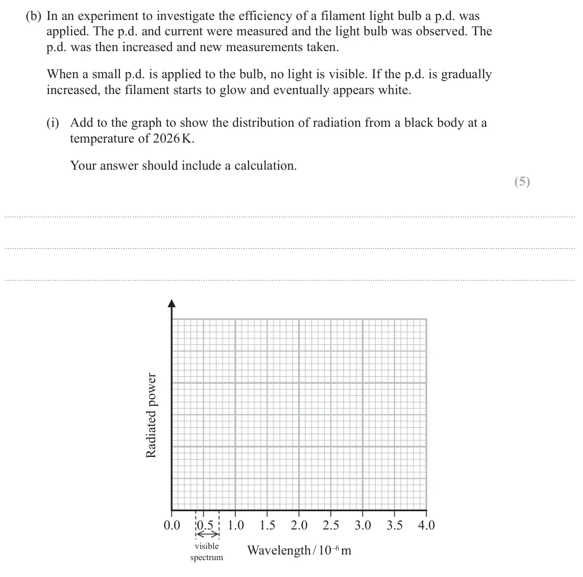 October 2020 Paper 2, question 14(b)(i): Add to the graph to show the distribution of radiation from a black body at a temperature of 2026 K. Your answer should include a calculation. (5) 0.0 0.5 1.0 1