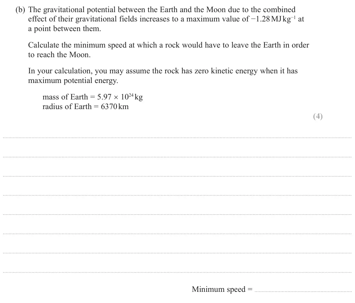 October 2020 Paper 2, question 16(b): The gravitational potential between the Earth and the Moon due to the combined effect of their gravitational fields increases to a maximum value of −1.28 MJ kg−