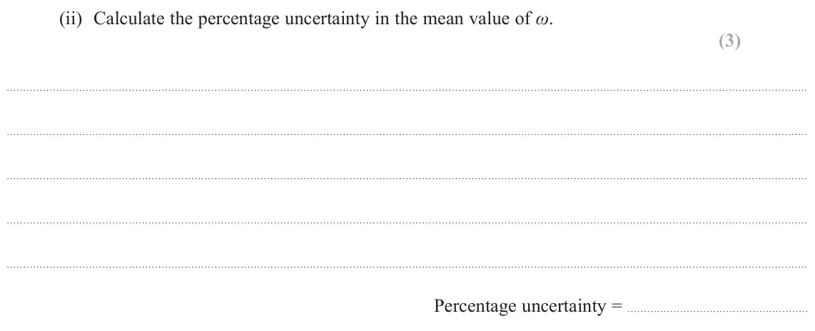 June 2019 Paper 3, question 3(b)(ii): Calculate the percentage uncertainty in the mean value of Ȧ. (3) Percentage uncertainty =