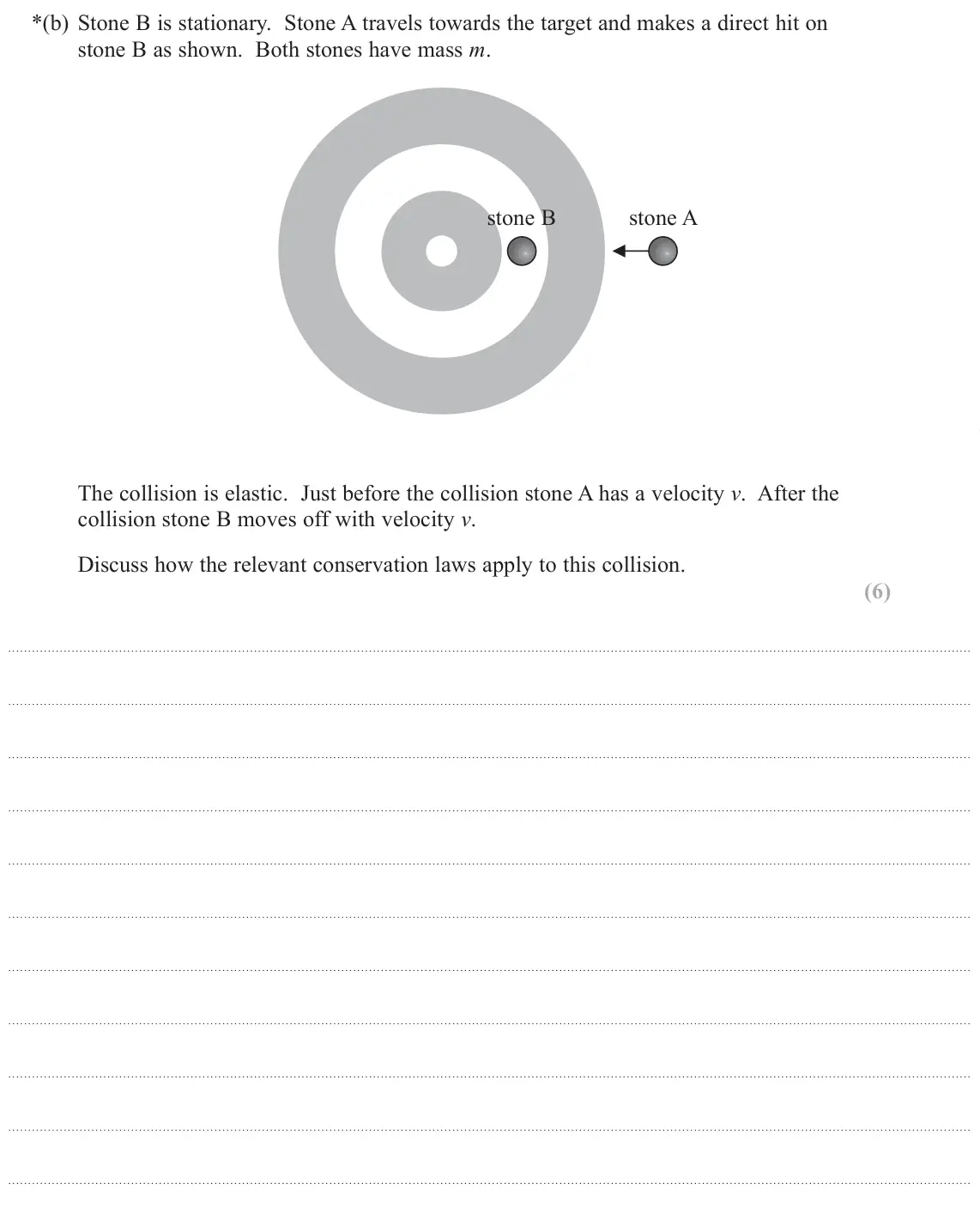 June 2019 Paper 3, question 8(b): Stone B is stationary. Stone A travels towards the target and makes a direct hit on stone B as shown. Both stones have mass m. stone B stone A The collision is