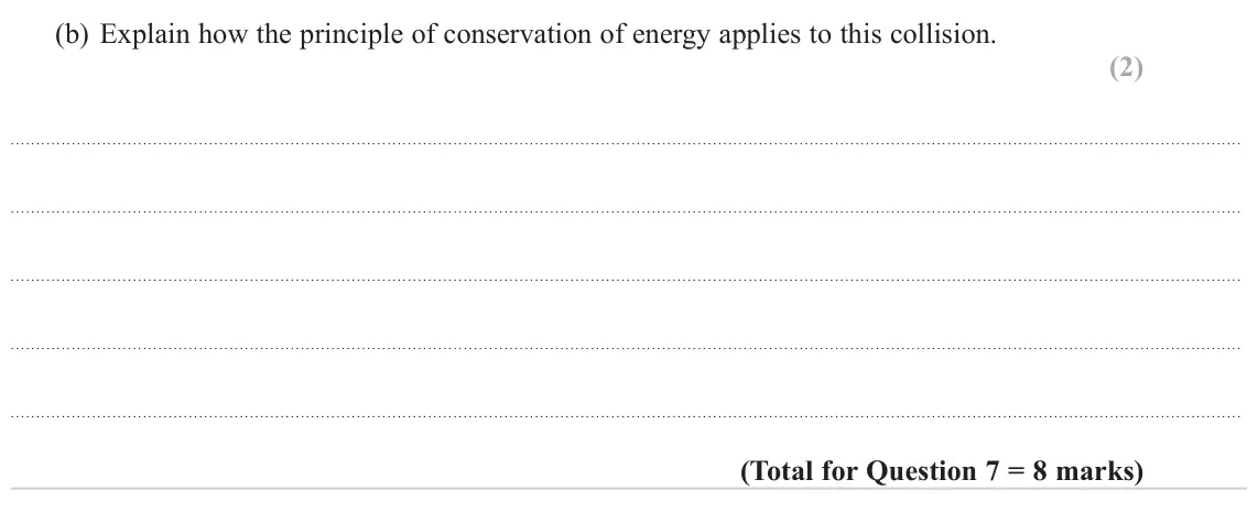 June 2022 Paper 3, question 7(b): Explain how the principle of conservation of energy applies to this collision. (2)