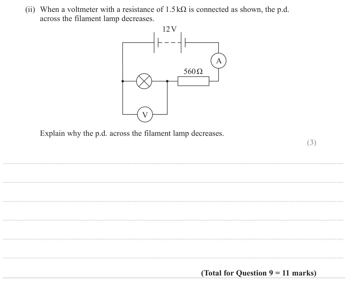 June 2022 Paper 3, question 9(b)(ii): When a voltmeter with a resistance of 1.5 kΩ is connected as shown, the p.d. across the filament lamp decreases. 12 V A 560 Ω V Explain why the p.d. across the 