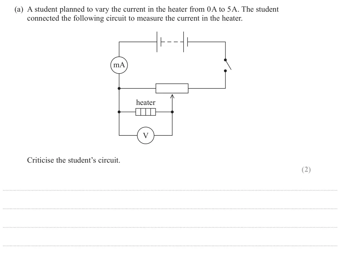 June 2023 Paper 3, question 3(a): A student planned to vary the current in the heater from 0 A to 5 A. The student connected the following circuit to measure the current in the heater. mA heater