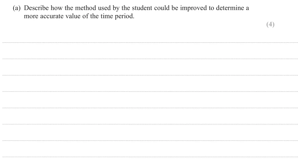 June 2023 Paper 3, question 6(a): Describe how the method used by the student could be improved to determine a more accurate value of the time period. (4)