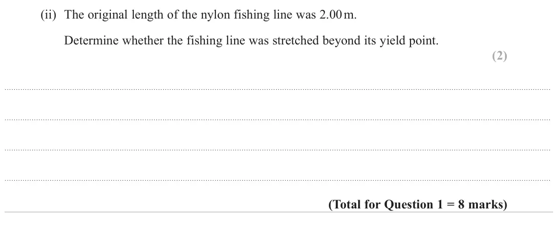June 2024 Paper 3, question 1(c)(ii): The original length of the nylon fishing line was 2.00 m. Determine whether the fishing line was stretched beyond its yield point. (2)