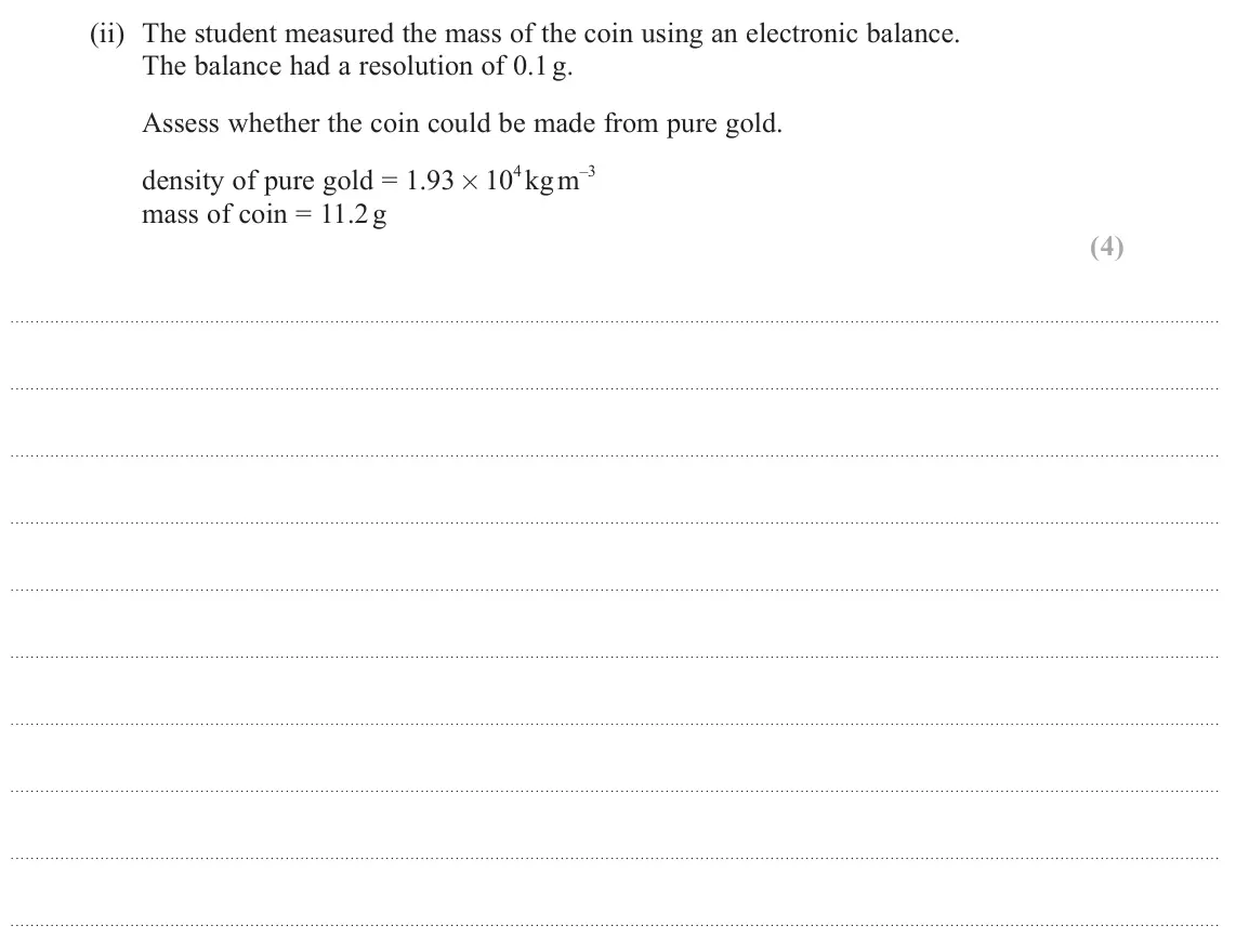 June 2024 Paper 3, question 2(a)(ii): The student measured the mass of the coin using an electronic balance. The balance had a resolution of 0.1 g. Assess whether the coin could be made from pure go