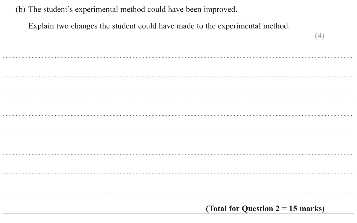June 2024 Paper 3, question 2(b): The student’s experimental method could have been improved. Explain two changes the student could have made to the experimental method. (4)
