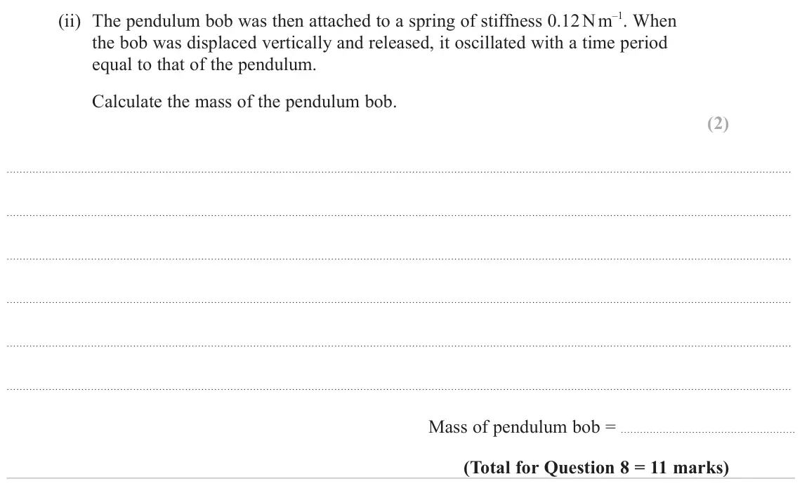 June 2024 Paper 3, question 8(b)(ii): The pendulum bob was then attached to a spring of stiffness 0.12 N m–1. When the bob was displaced vertically and released, it oscillated with a time period equ