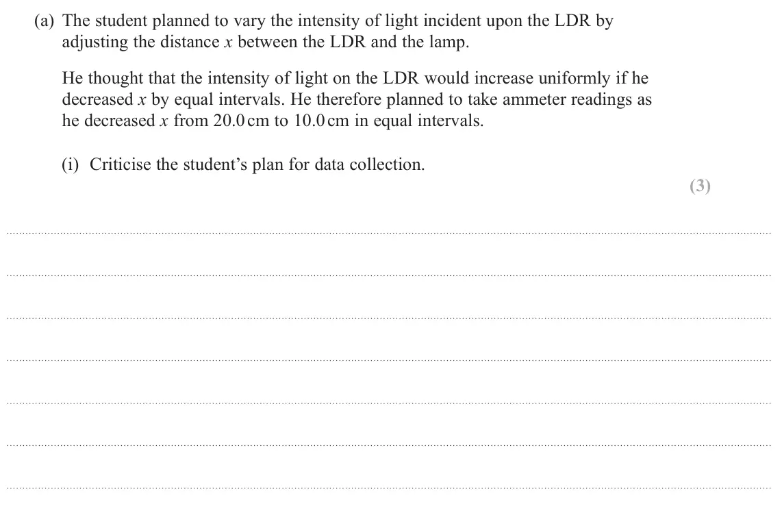 June 2024 Paper 3, question 9(a)(i): Criticise the student’s plan for data collection. (3)