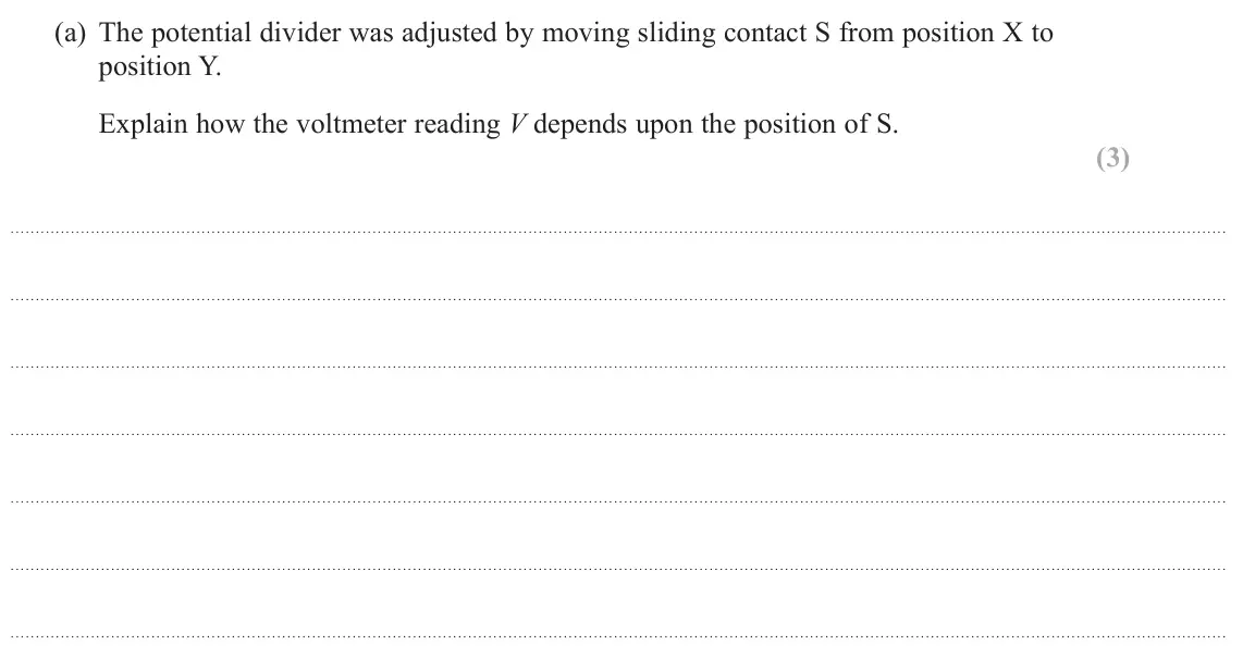 June 2024 Paper 3, question 11(a): The potential divider was adjusted by moving sliding contact S from position X to position Y. Explain how the voltmeter reading V depends upon the position of S