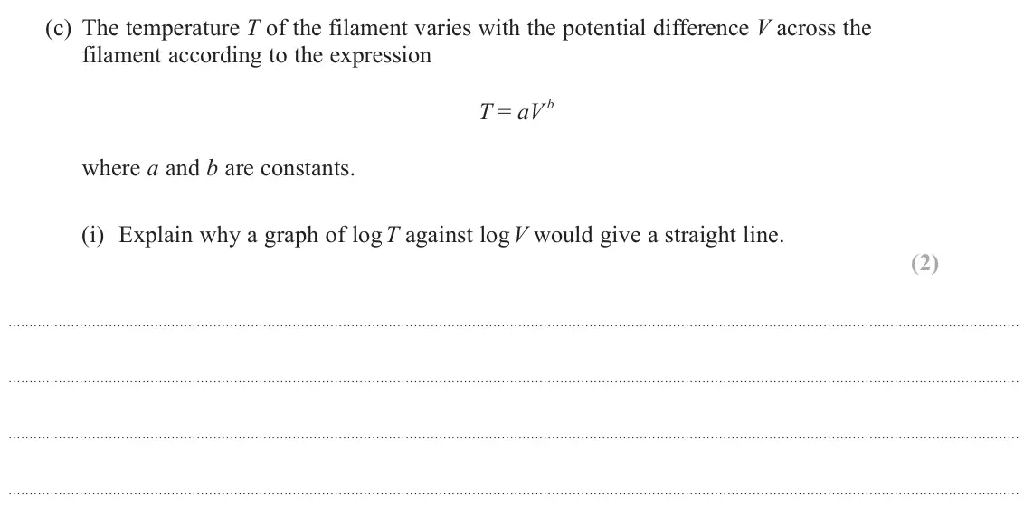 June 2024 Paper 3, question 11(c)(i): Explain why a graph of log T against log V would give a straight line. (2)