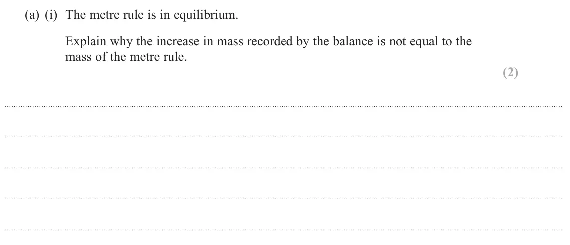 June 2025 Paper 3, question 3(a)(i): The metre rule is in equilibrium. Explain why the increase in mass recorded by the balance is not equal to the mass of the metre rule. (2)