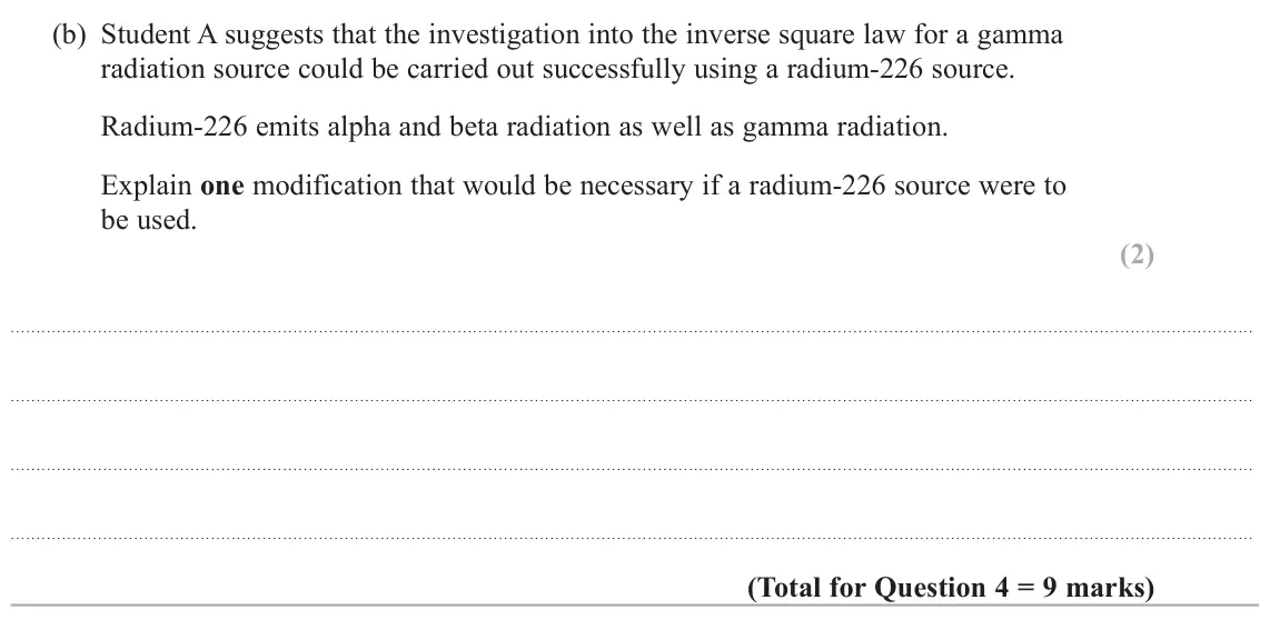 June 2025 Paper 3, question 4(b): Student A suggests that the investigation into the inverse square law for a gamma radiation source could be carried out successfully using a radium‑226 source.
