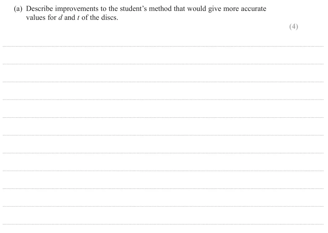 June 2025 Paper 3, question 7(a): Describe improvements to the student’s method that would give more accurate values for d and t of the discs. (4)