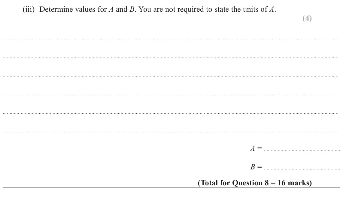 June 2025 Paper 3, question 8(b)(iii): Determine values for A and B. You are not required to state the units of A. (4) A = B =