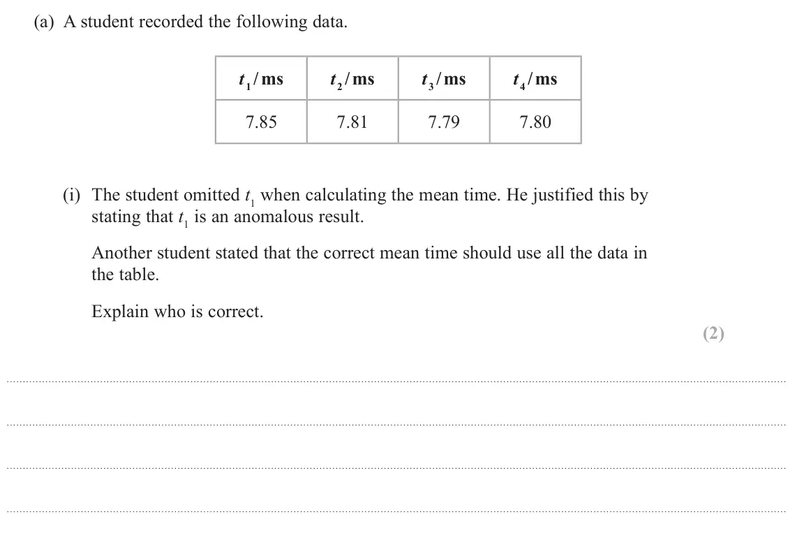 June 2025 Paper 3, question 12(a)(i): The student omitted t1 when calculating the mean time. He justified this by stating that t1 is an anomalous result. Another student stated that the correct mean