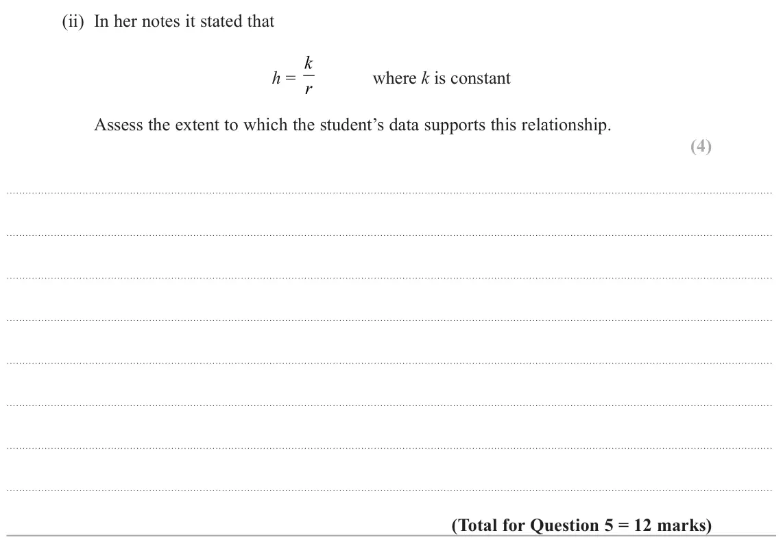 November 2021 Paper 3, question 5(b)(ii): In her notes it stated that k h = r where k is constant Assess the extent to which the student’s data supports this relationship. (4)