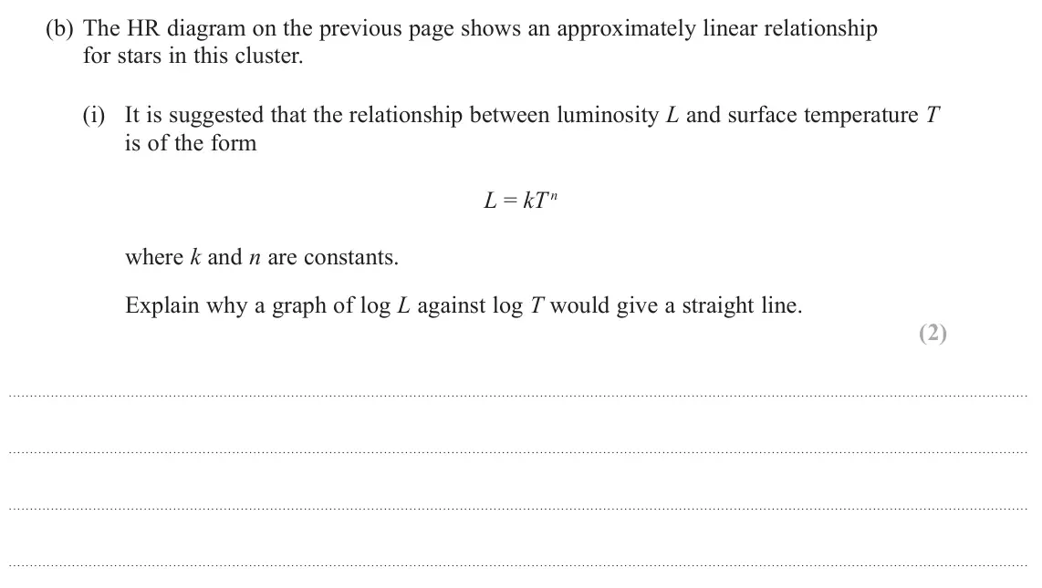 November 2021 Paper 3, question 9(b)(i): It is suggested that the relationship between luminosity L and surface temperature T is of the form L = kT n where k and n are constants. Explain why a graph of
