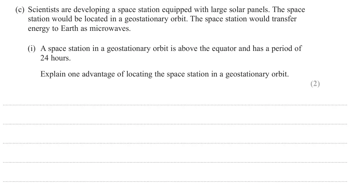 October 2020 Paper 3, question 11(c)(i): A space station in a geostationary orbit is above the equator and has a period of 24 hours. Explain one advantage of locating the space station in a geostationa