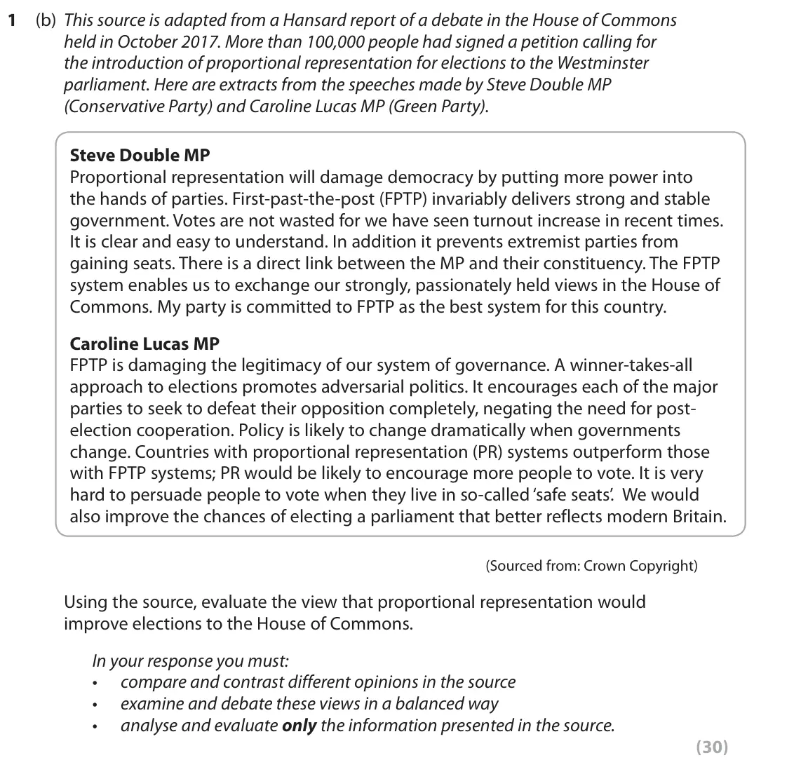 June 2019 Paper 1, question 1(b): This source is adapted from a Hansard report of a debate in the House of Commons held in October 2017. More than 100,000 people had signed a petition calling fo