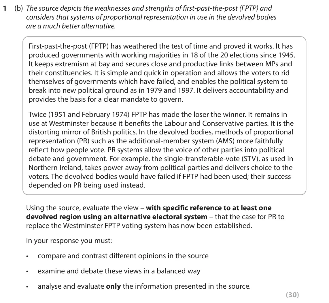 June 2022 Paper 1, question 1(b): The source depicts the weaknesses and strengths of first-past-the-post (FPTP) and considers that systems of proportional representation in use in the devolved b