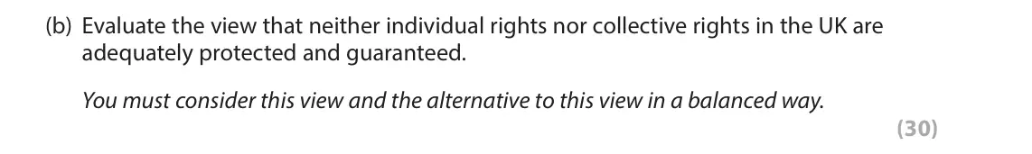 June 2022 Paper 1, question 2(b): Evaluate the view that neither individual rights nor collective rights in the UK are adequately protected and guaranteed. You must consider this view and the al