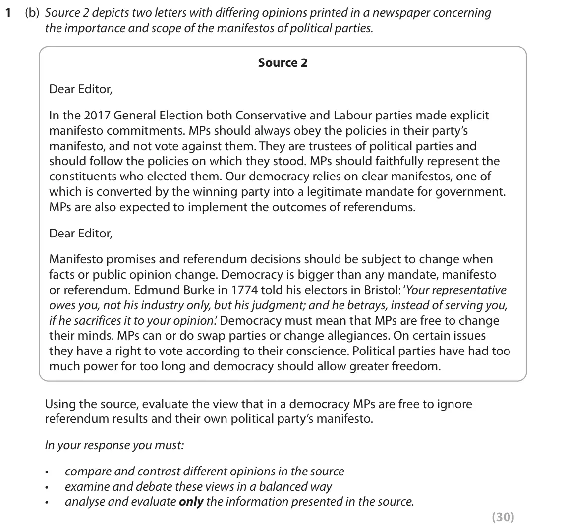 November 2021 Paper 1, question 1(b): Source 2 depicts two letters with differing opinions printed in a newspaper concerning the importance and scope of the manifestos of political parties. Source 2