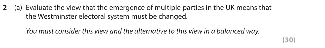 November 2021 Paper 1, question 2(a): Evaluate the view that the emergence of multiple parties in the UK means that the Westminster electoral system must be changed. You must consider this view and 
