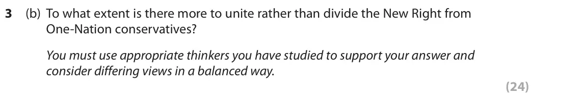 November 2021 Paper 1, question 3(b): To what extent is there more to unite rather than divide the New Right from One-Nation conservatives? You must use appropriate thinkers you have studied to supp
