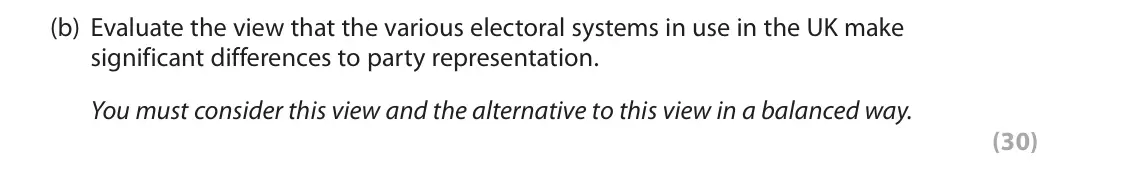October 2020 Paper 1, question 2(b): Evaluate the view that the various electoral systems in use in the UK make significant differences to party representation. You must consider this view and the 