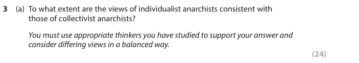 June 2022 Paper 2, question 3(a): To what extent are the views of individualist anarchists consistent with those of collectivist anarchists? You must use appropriate thinkers you have studied to