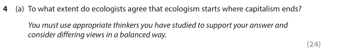 June 2022 Paper 2, question 4(a): To what extent do ecologists agree that ecologism starts where capitalism ends? You must use appropriate thinkers you have studied to support your answer and co
