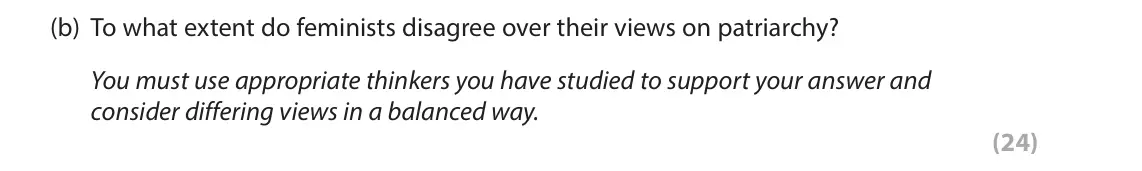 June 2022 Paper 2, question 5(b): To what extent do feminists disagree over their views on patriarchy? You must use appropriate thinkers you have studied to support your answer and consider diff