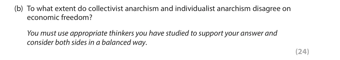 June 2023 Paper 2, question 3(b): To what extent do collectivist anarchism and individualist anarchism disagree on economic freedom? You must use appropriate thinkers you have studied to support